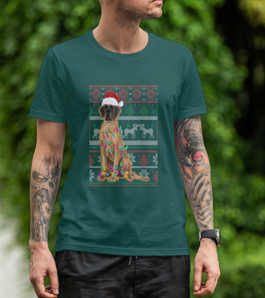 Great Dane Christmas Santa Hat Lights Reindeer Holiday T-Shirt