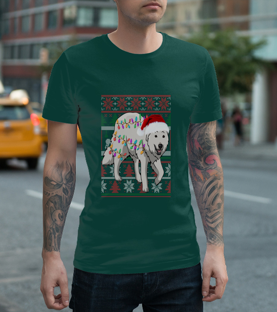 Great Pyrenees Christmas Lights and Santa Hat Holiday T-Shirt