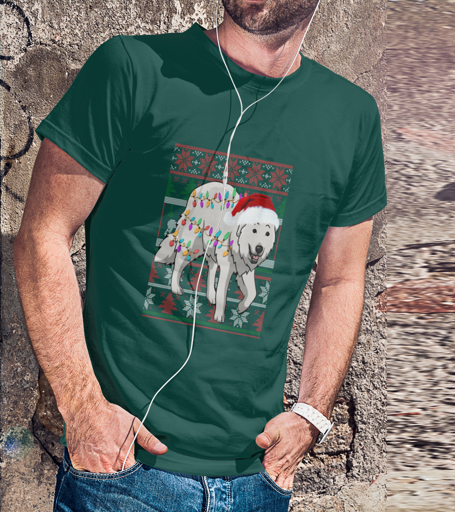 Great Pyrenees Christmas Lights And Santa Hat Holiday T-Shirt