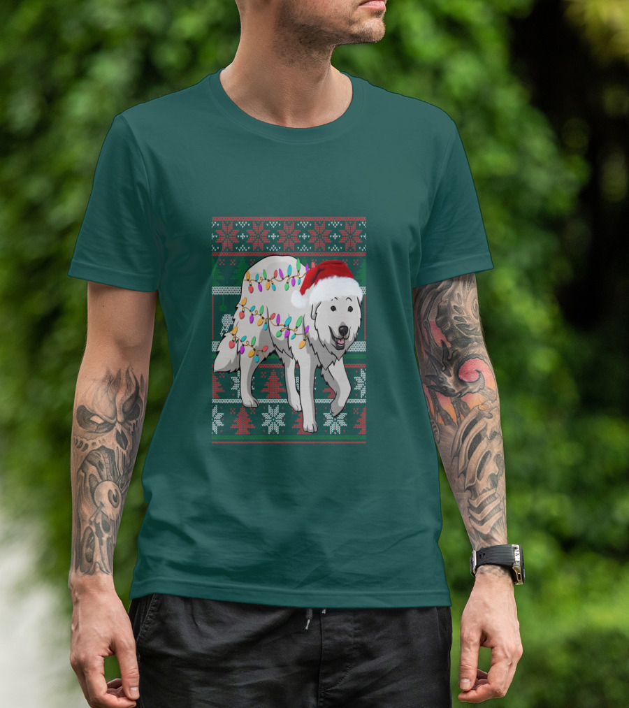 Great Pyrenees Christmas Lights And Santa Hat Holiday T-Shirt