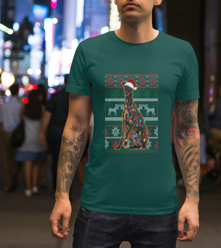 Greyhound Christmas Santa Hat And Lights Ugly T-Shirt