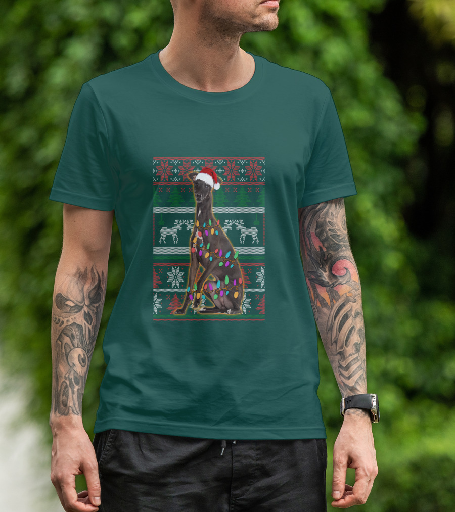 Greyhound Christmas Santa Hat And Lights Ugly T-Shirt