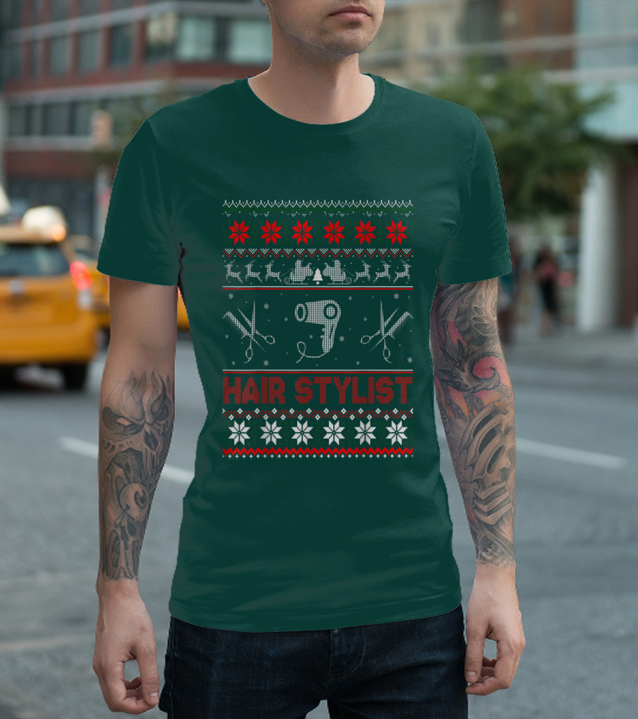 Hair Stylist Ugly Christmas Sweater Scissors and Hairdryer T-Shirt