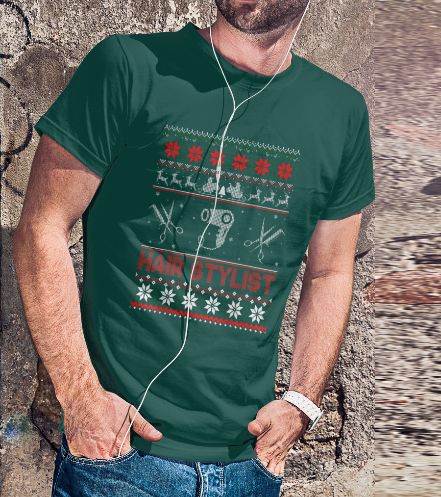 Hair Stylist Ugly Christmas Sweater Scissors And Hairdryer T-Shirt