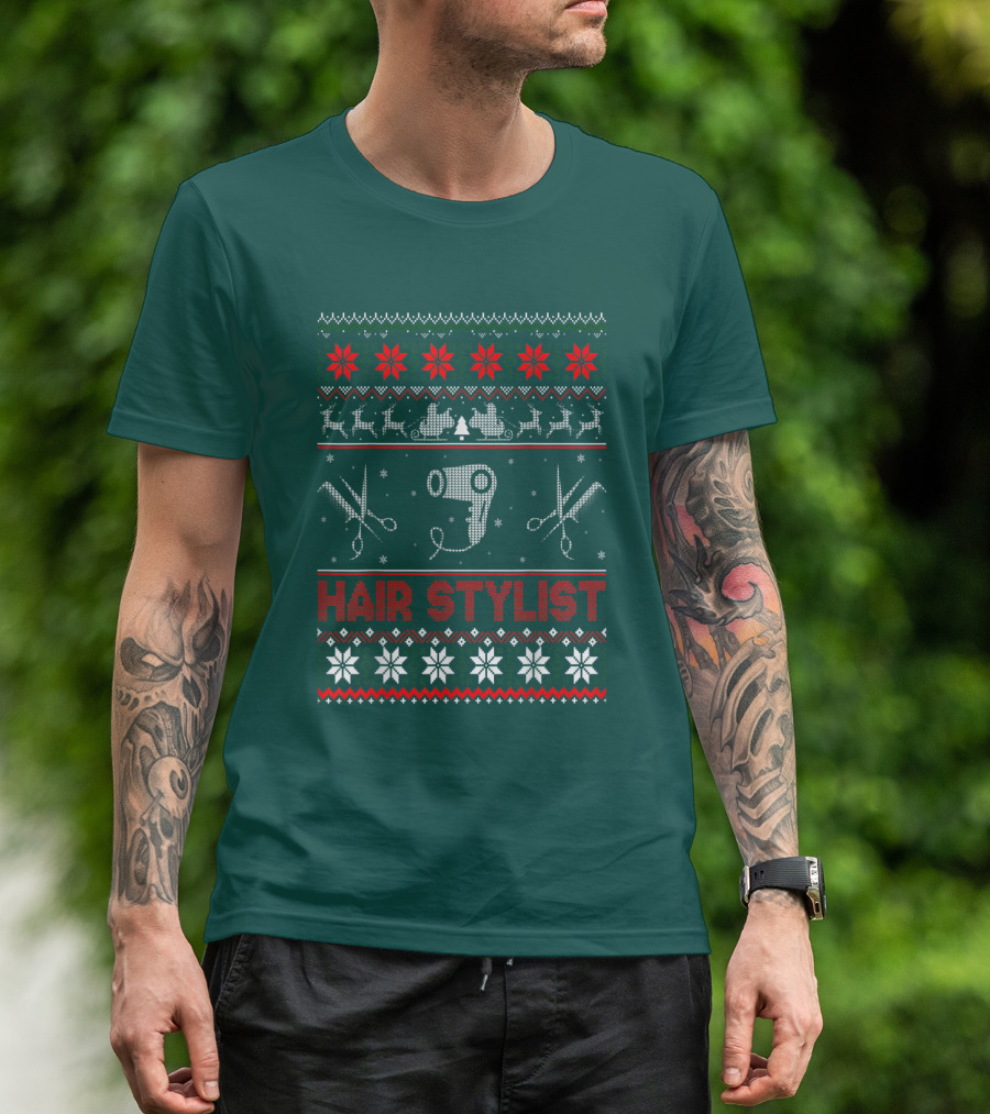 Hair Stylist Ugly Christmas Sweater Scissors And Hairdryer T-Shirt