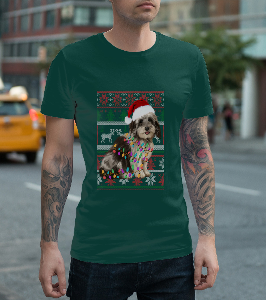 Havanese Festive Christmas Lights Santa Hat Ugly T-Shirt