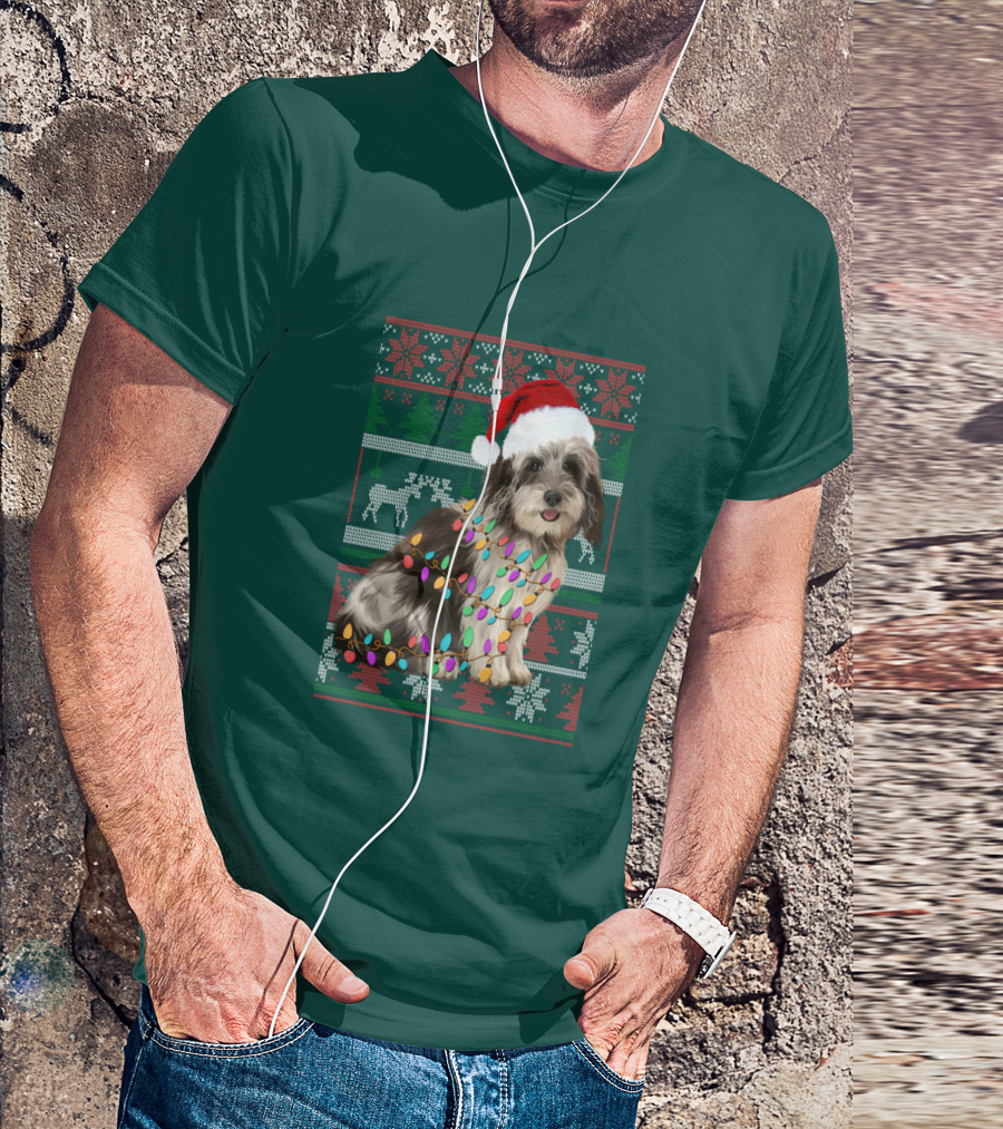 Havanese Festive Christmas Lights Santa Hat Ugly T-Shirt