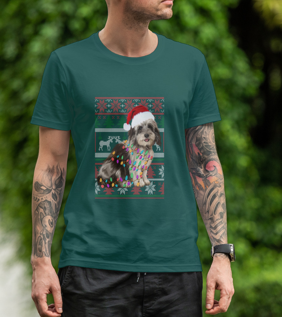 Havanese Festive Christmas Lights Santa Hat Ugly T-Shirt