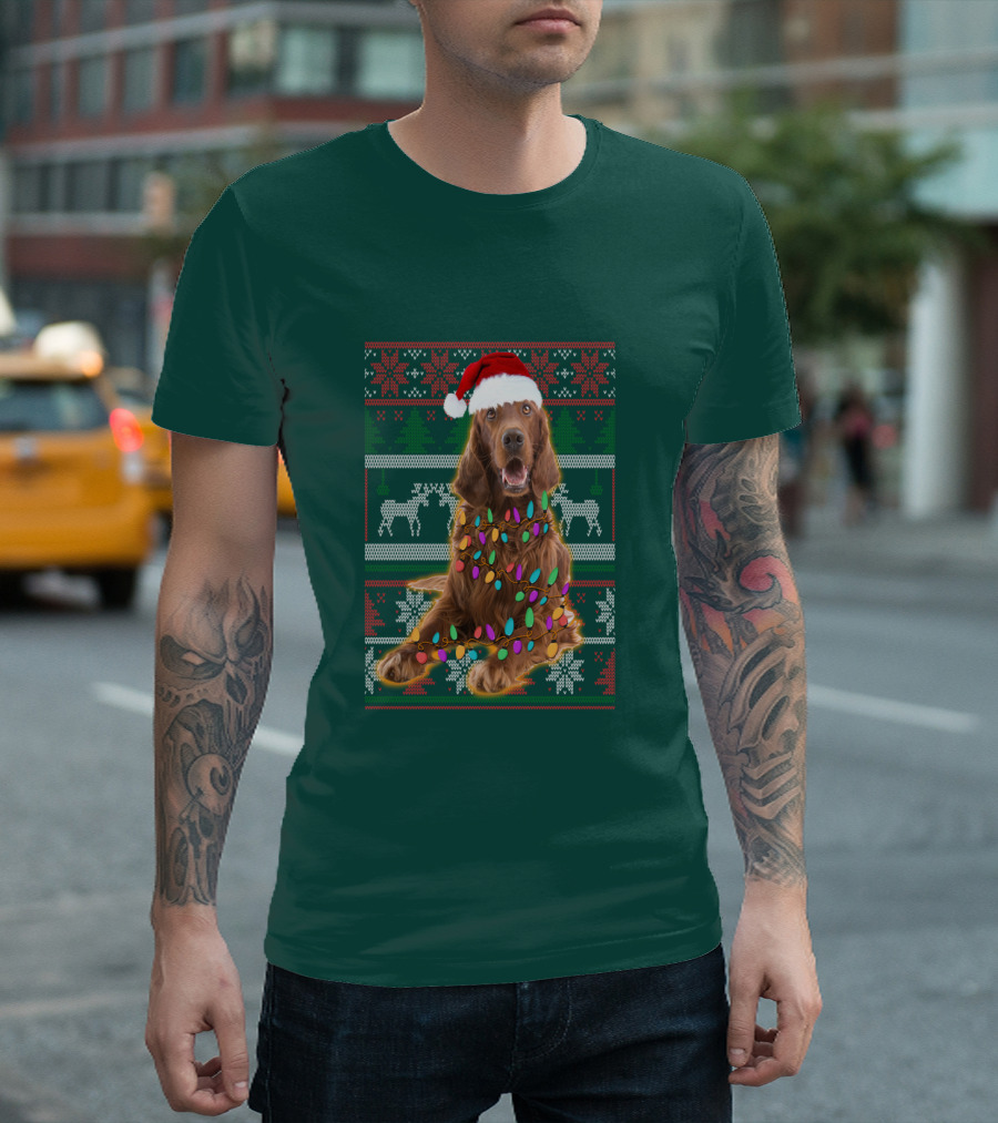 Christmas Irish Setter Reindeer Santa Hat Lights T-Shirt