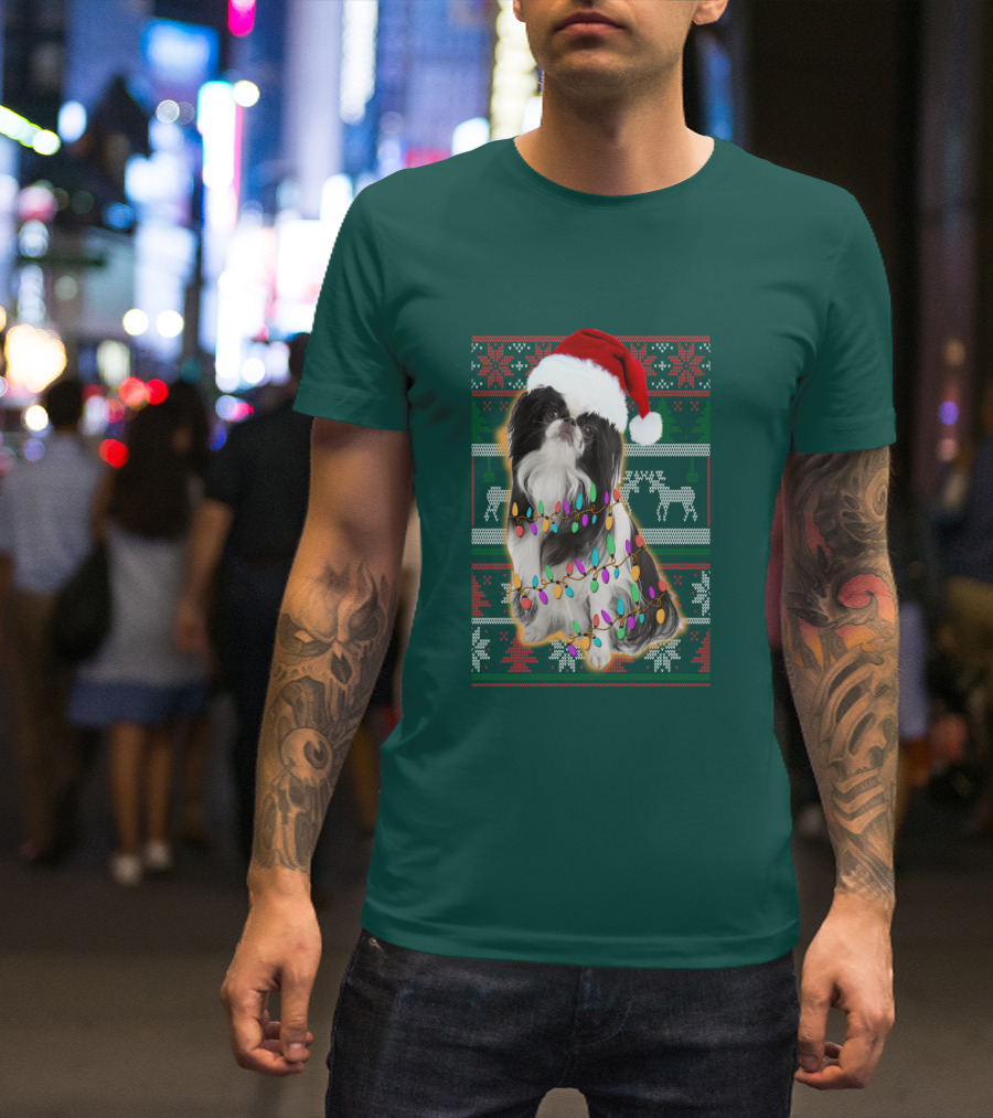 Japanese Chin Christmas Lights Sweater Santa Hat T-Shirt