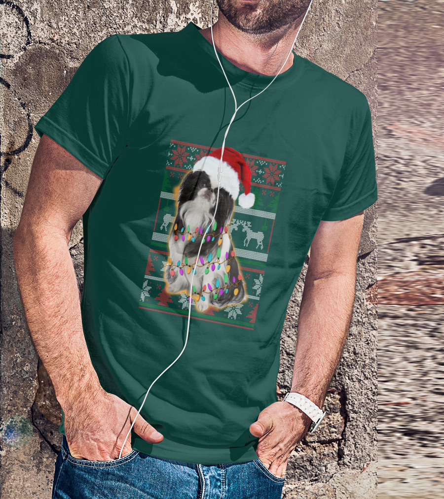 Japanese Chin Christmas Lights Sweater Santa Hat T-Shirt