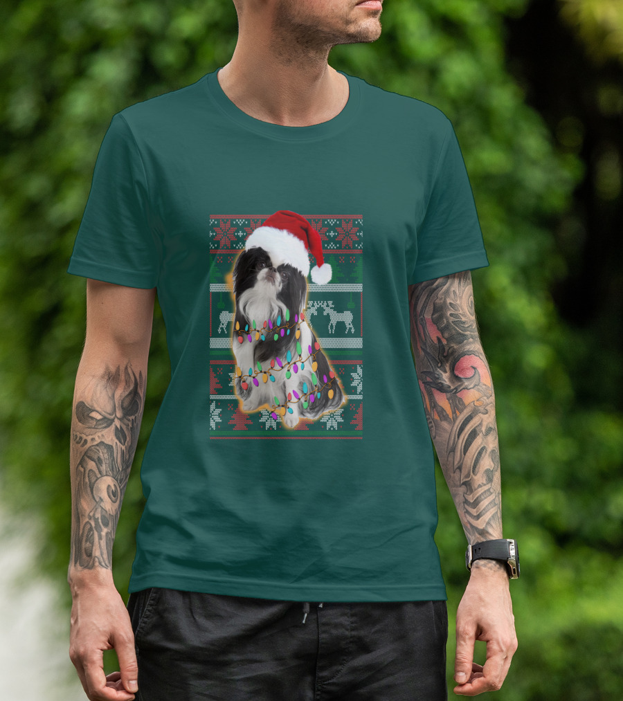 Japanese Chin Christmas Lights Sweater Santa Hat T-Shirt