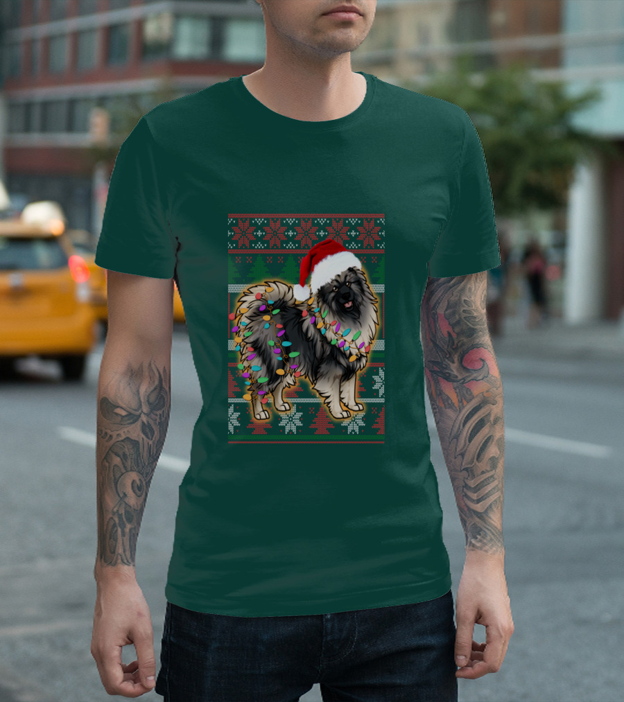 Keeshond Christmas Santa Hat and Lights Festive T-Shirt