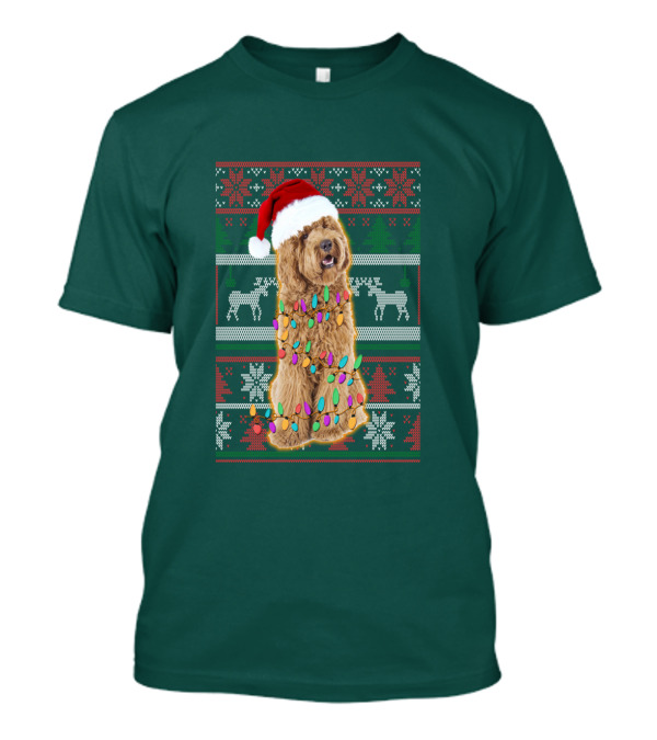 Labradoodle Christmas Lights Santa Hat Reindeer Snowflakes Green T-Shirt