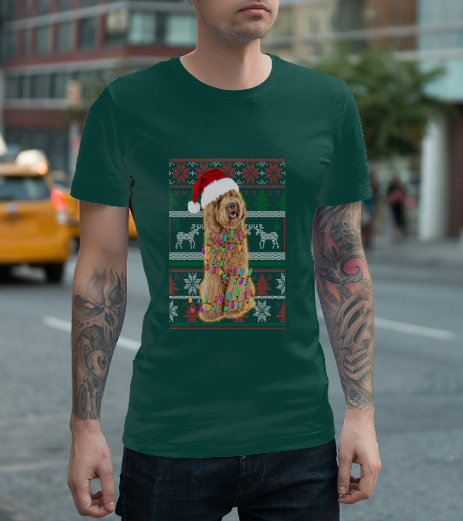 Labradoodle Christmas Lights Santa Hat Reindeer Snowflakes Green T-Shirt