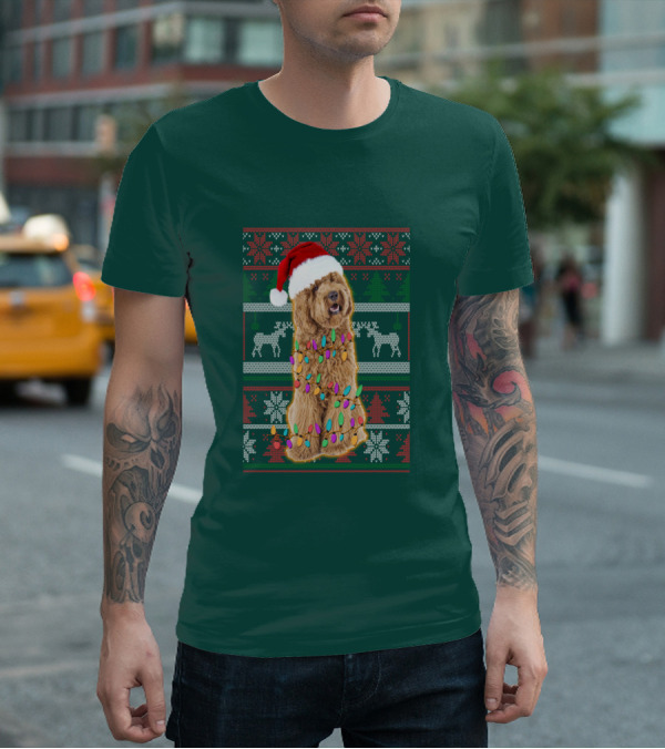 Labradoodle Christmas Lights Santa Hat Reindeer Snowflakes Green T-Shirt