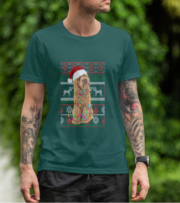 Labradoodle Christmas Lights Santa Hat Reindeer Snowflakes Green T-Shirt