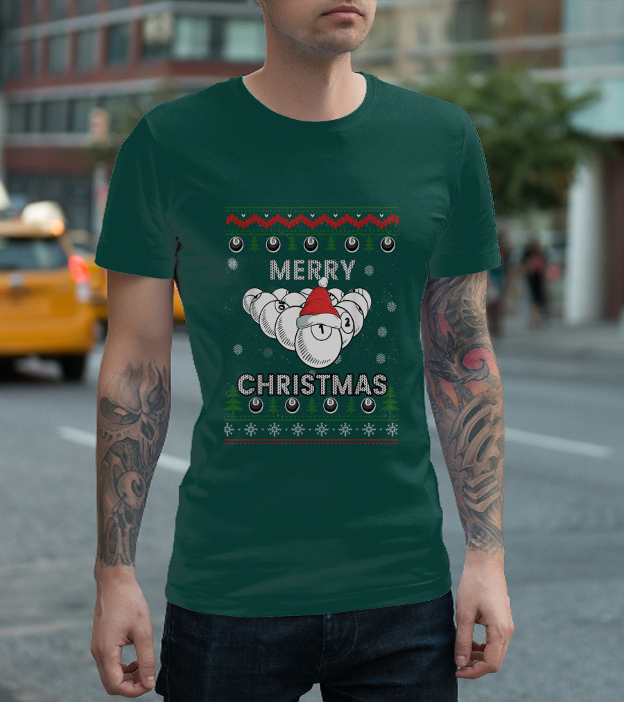 Merry Christmas Santa Hat Billiards Pool Balls Holiday Snowflakes T-Shirt