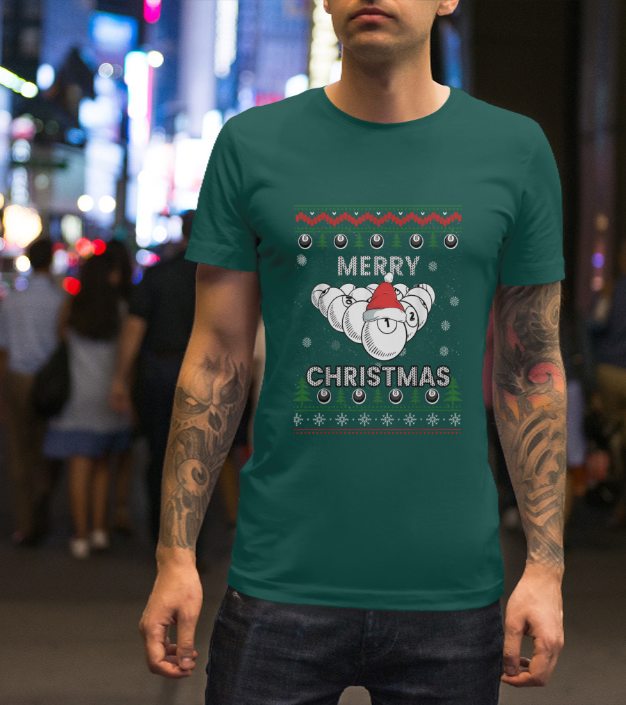 Merry Christmas Santa Hat Billiards Pool Balls Holiday Snowflakes T-Shirt