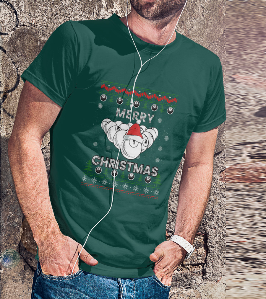 Merry Christmas Santa Hat Billiards Pool Balls Holiday Snowflakes T-Shirt