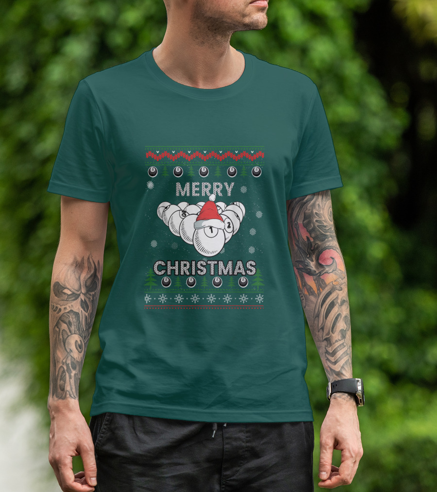 Merry Christmas Santa Hat Billiards Pool Balls Holiday Snowflakes T-Shirt