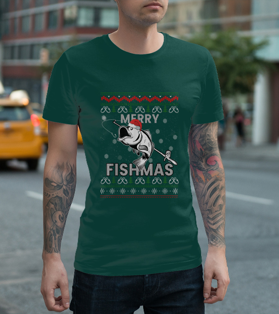 Merry Fishmas Fishing Santa Hat Bass Ugly Christmas T-Shirt
