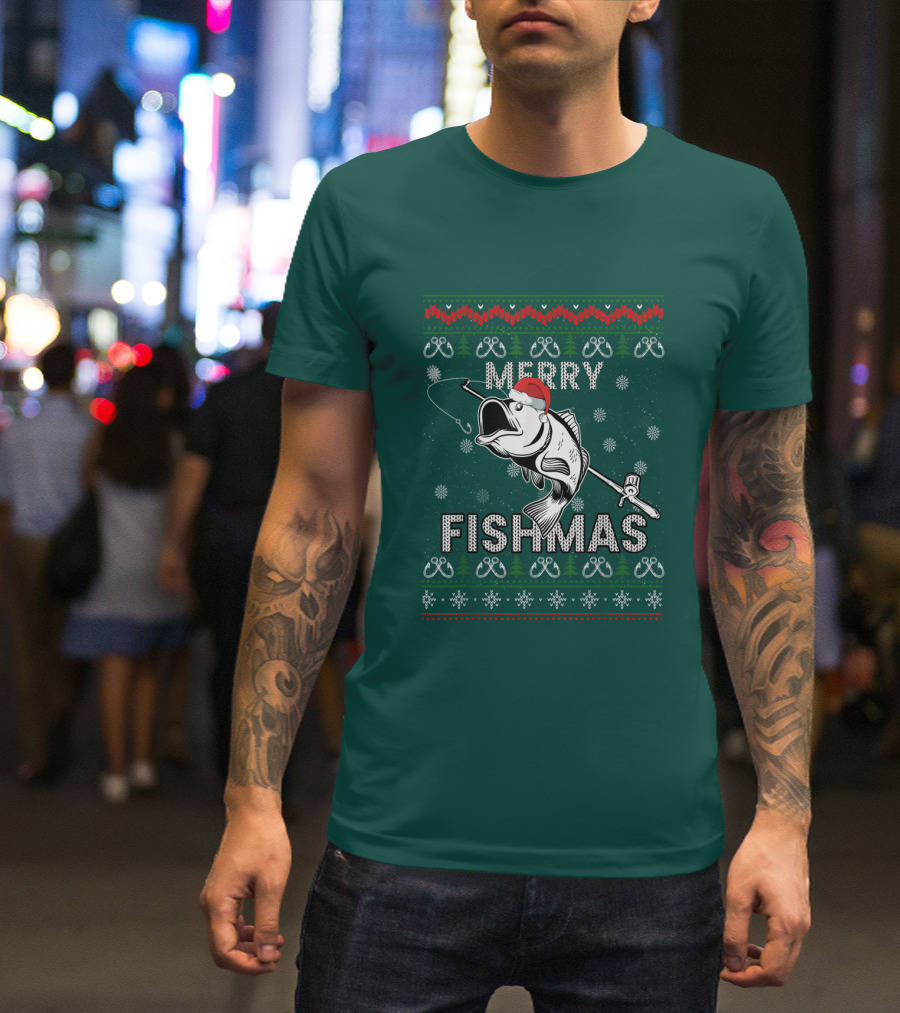 Merry Fishmas Fishing Santa Hat Bass Ugly Christmas T-Shirt