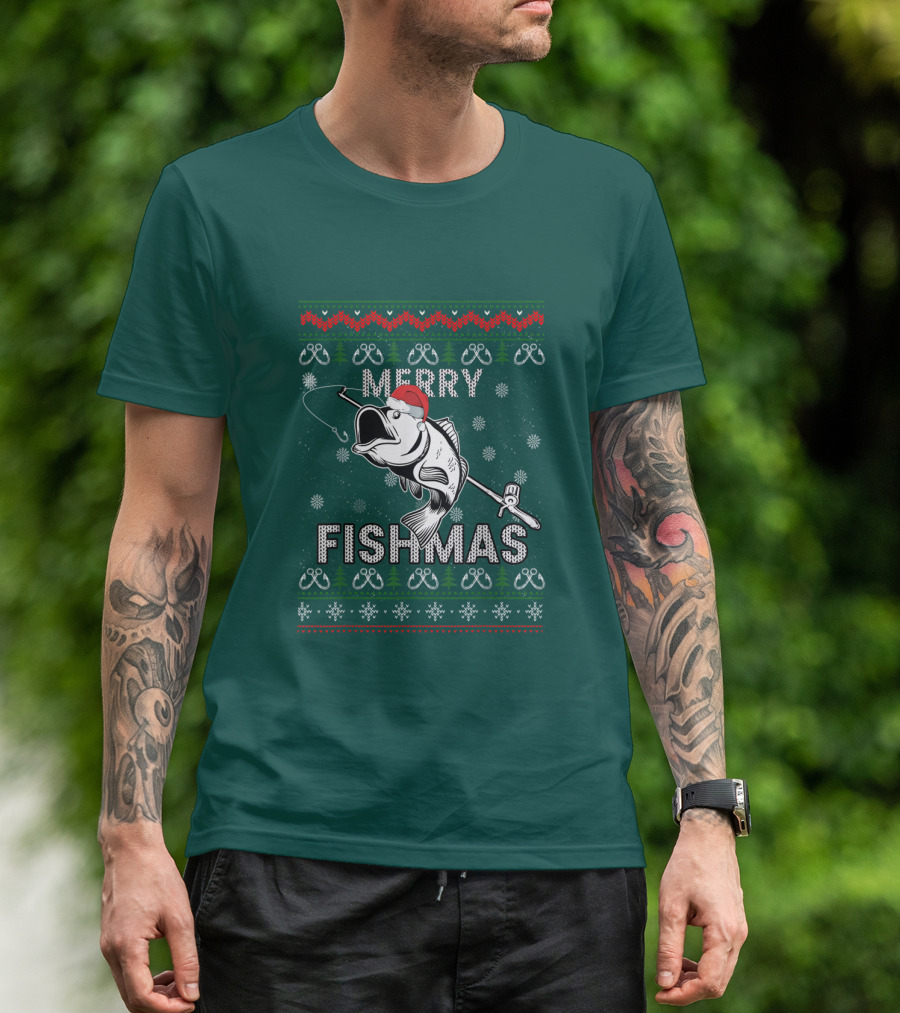 Merry Fishmas Fishing Santa Hat Bass Ugly Christmas T-Shirt