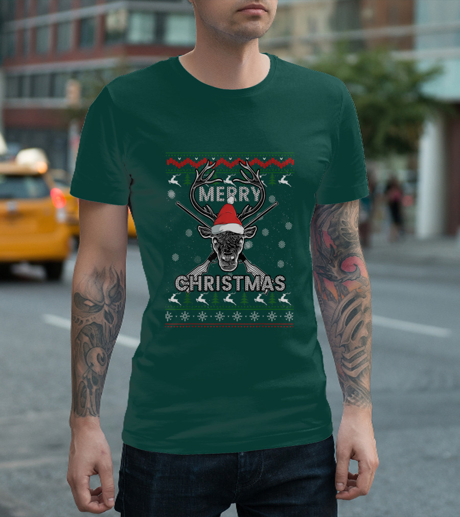 Merry Christmas Hunting Deer Antlers Santa Hat Snowflakes T-Shirt