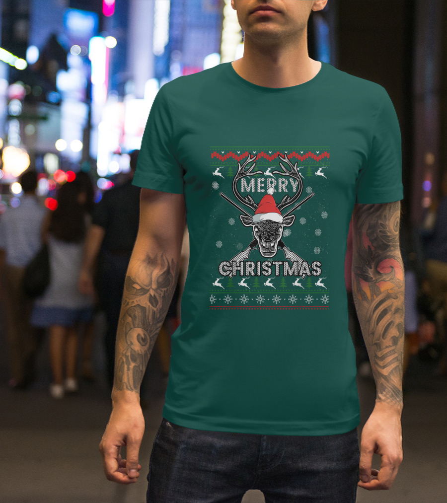 Merry Christmas Hunting Deer Antlers Santa Hat Snowflakes T-Shirt