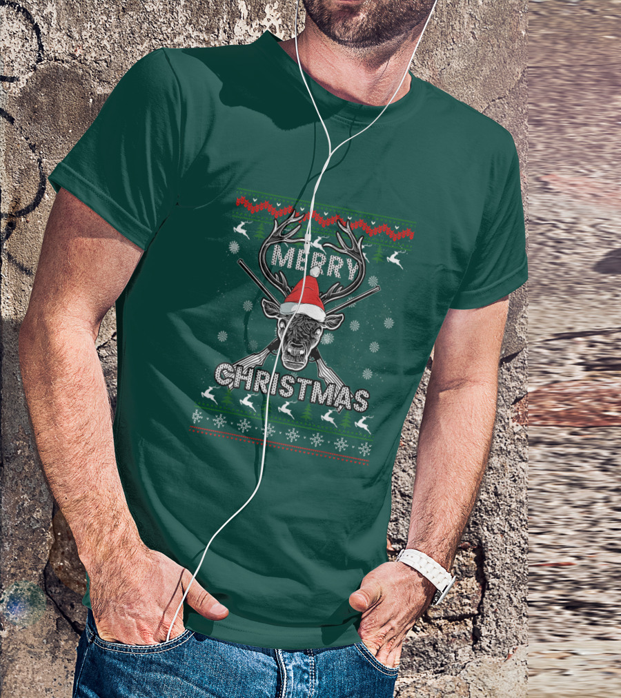 Merry Christmas Hunting Deer Antlers Santa Hat Snowflakes T-Shirt
