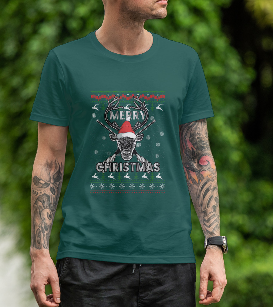 Merry Christmas Hunting Deer Antlers Santa Hat Snowflakes T-Shirt