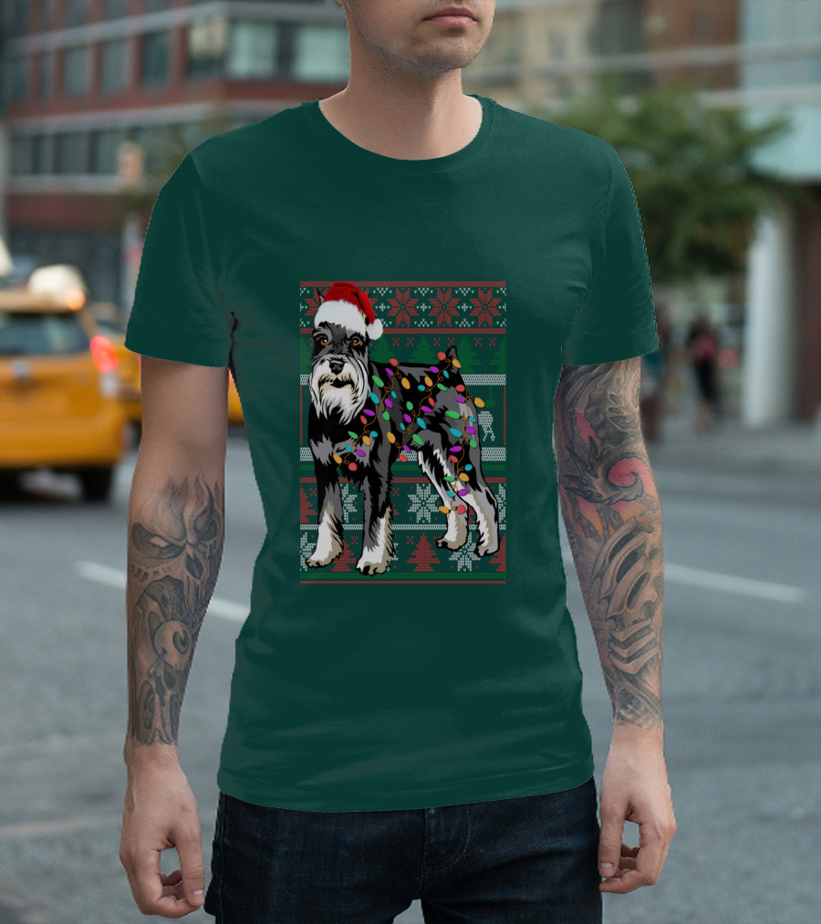 Miniature Schnauzer Christmas Sweater Santa Hat and Holiday Lights T-Shirt