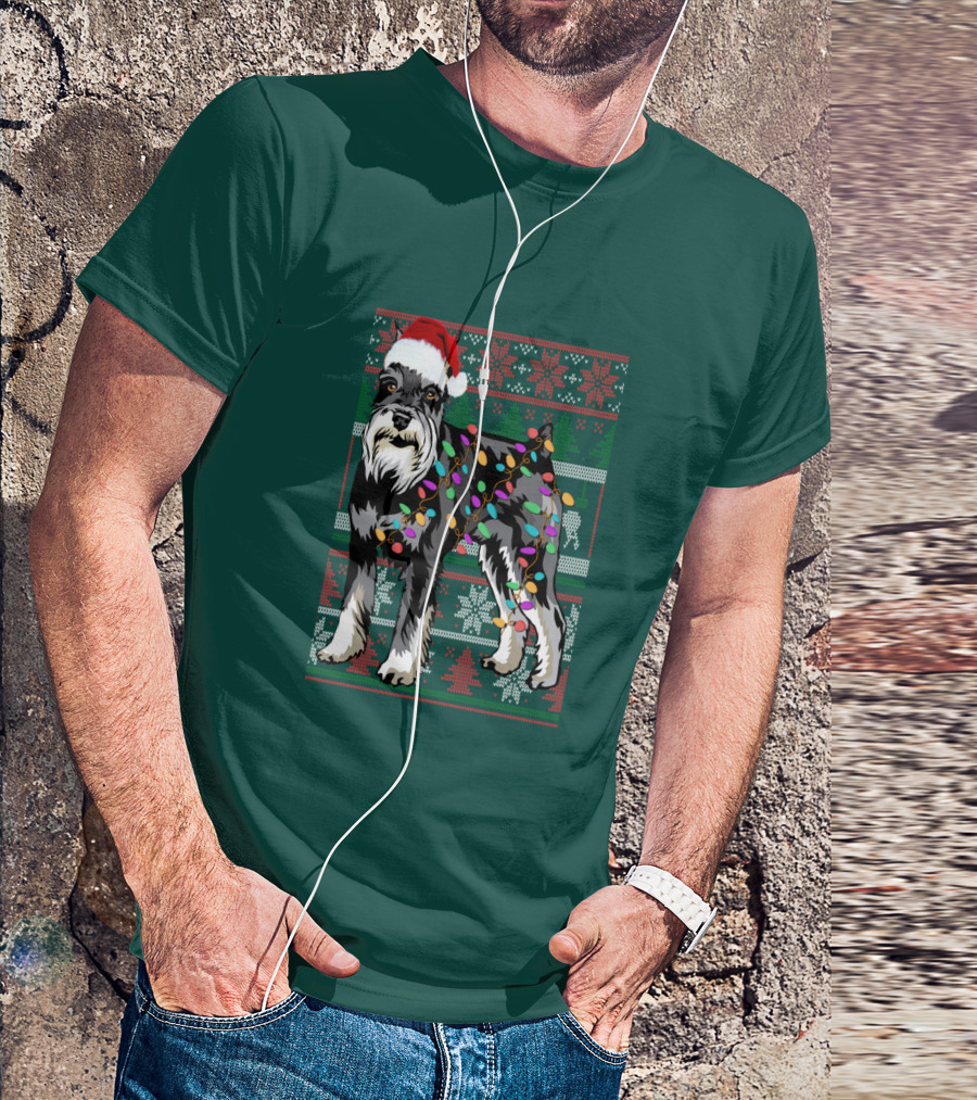 Miniature Schnauzer Christmas Sweater Santa Hat And Holiday Lights T-Shirt