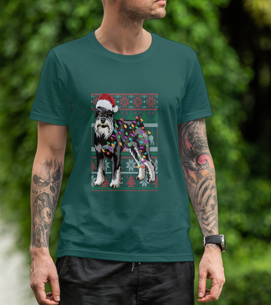 Miniature Schnauzer Christmas Sweater Santa Hat And Holiday Lights T-Shirt