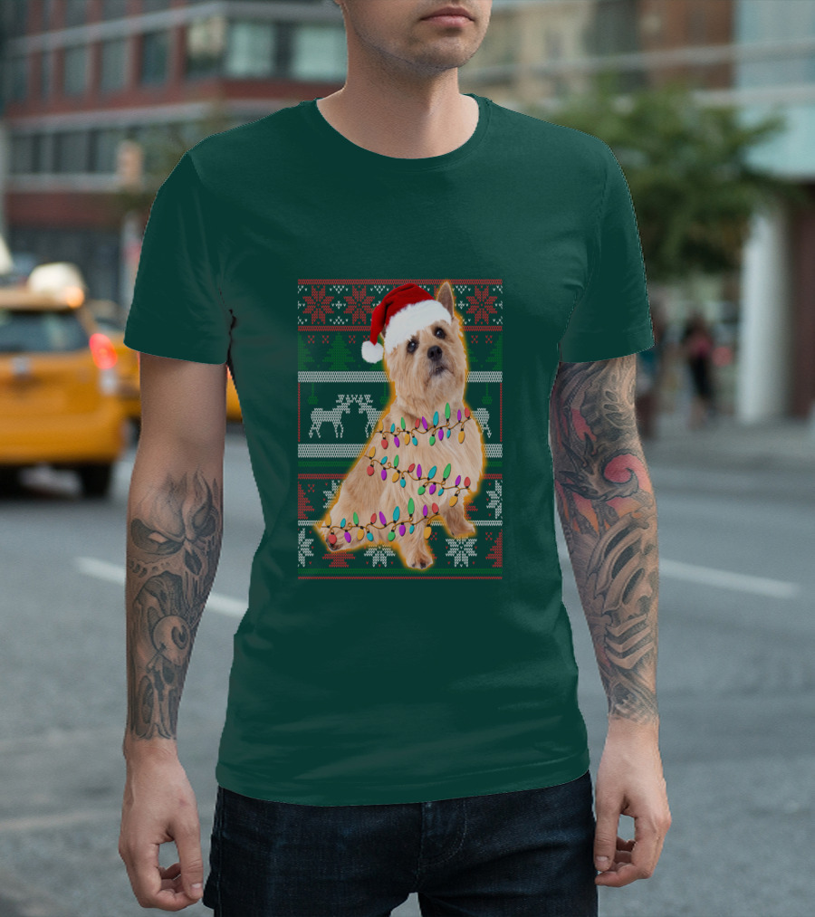 Norfolk Terrier Christmas Lights Sweater Santa Hat T-Shirt