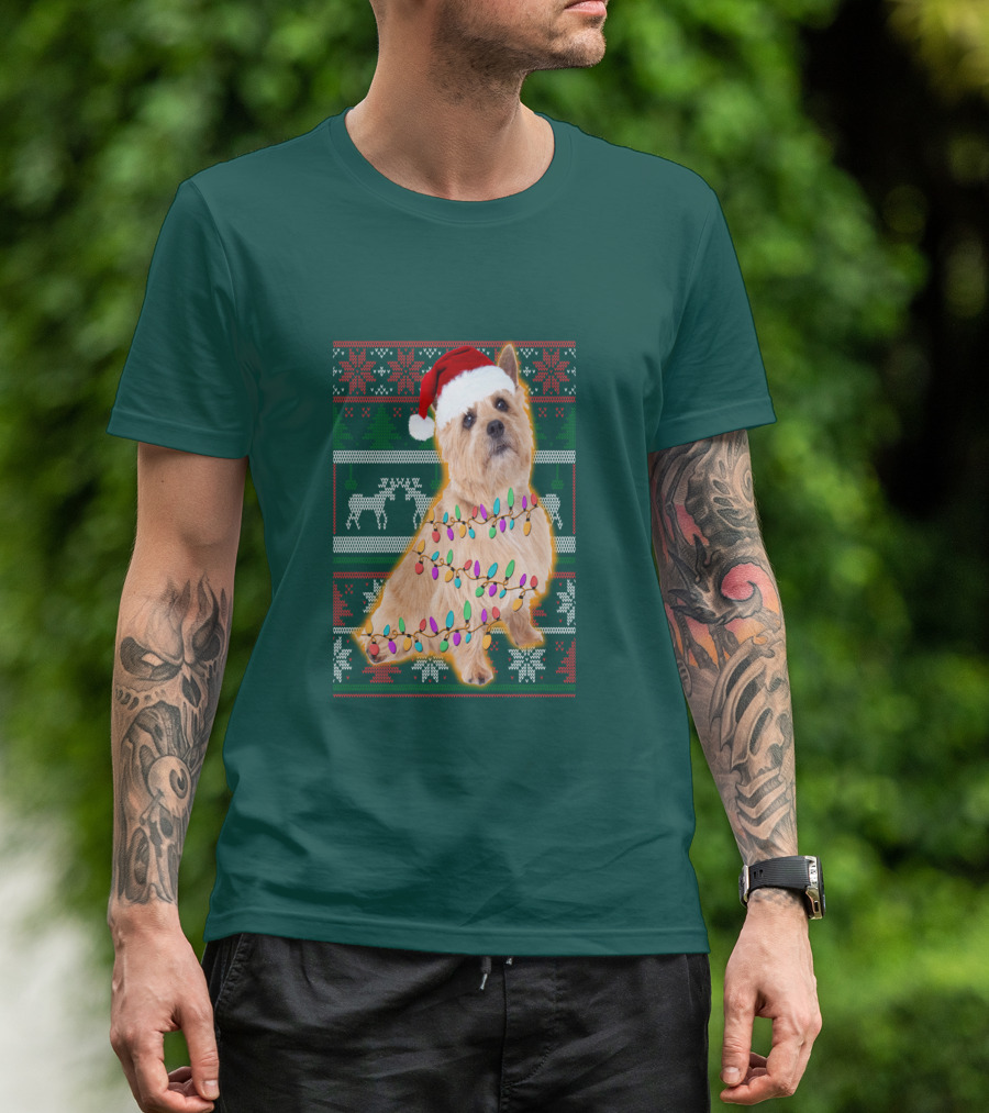 Norfolk Terrier Christmas Lights Sweater Santa Hat T-Shirt