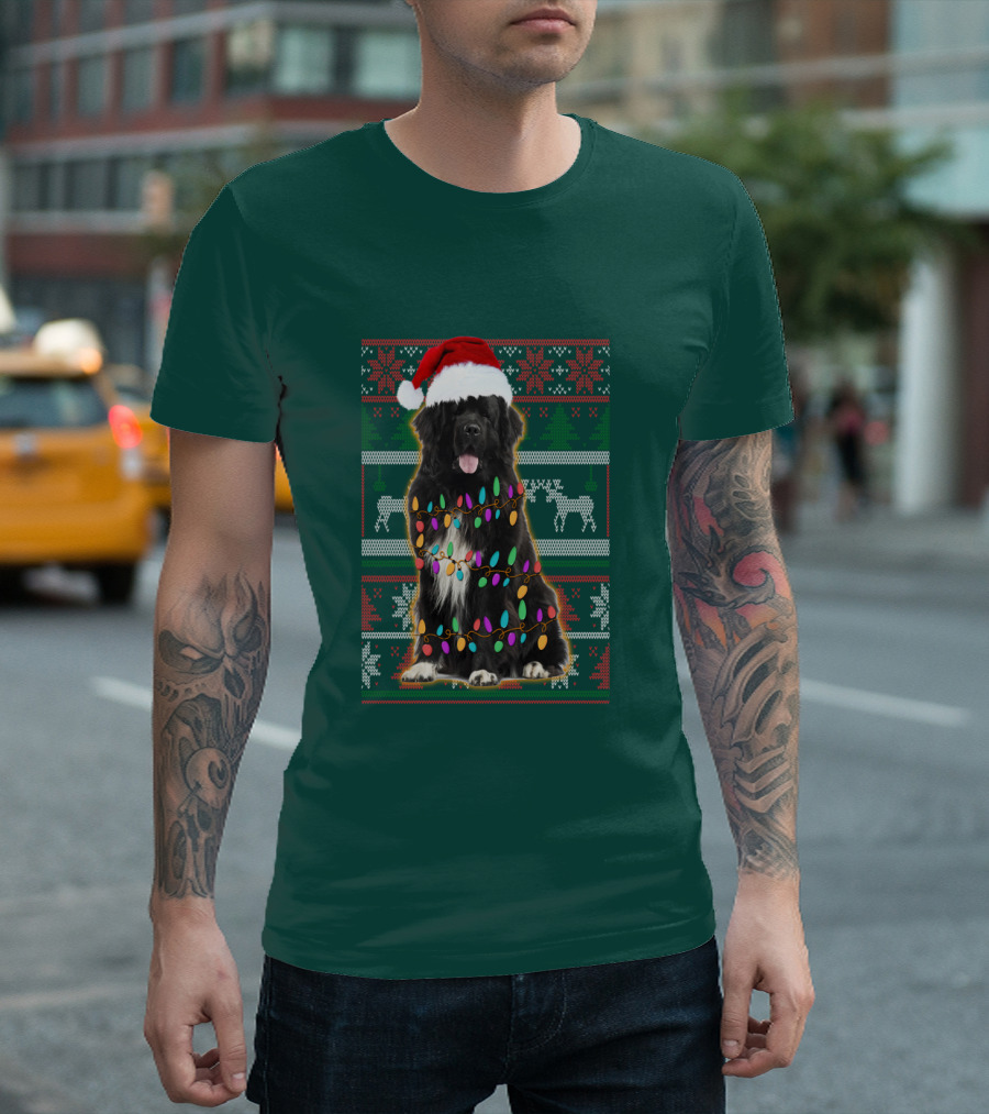 Newfoundland Dog Christmas Lights Santa Hat Ugly T-Shirt