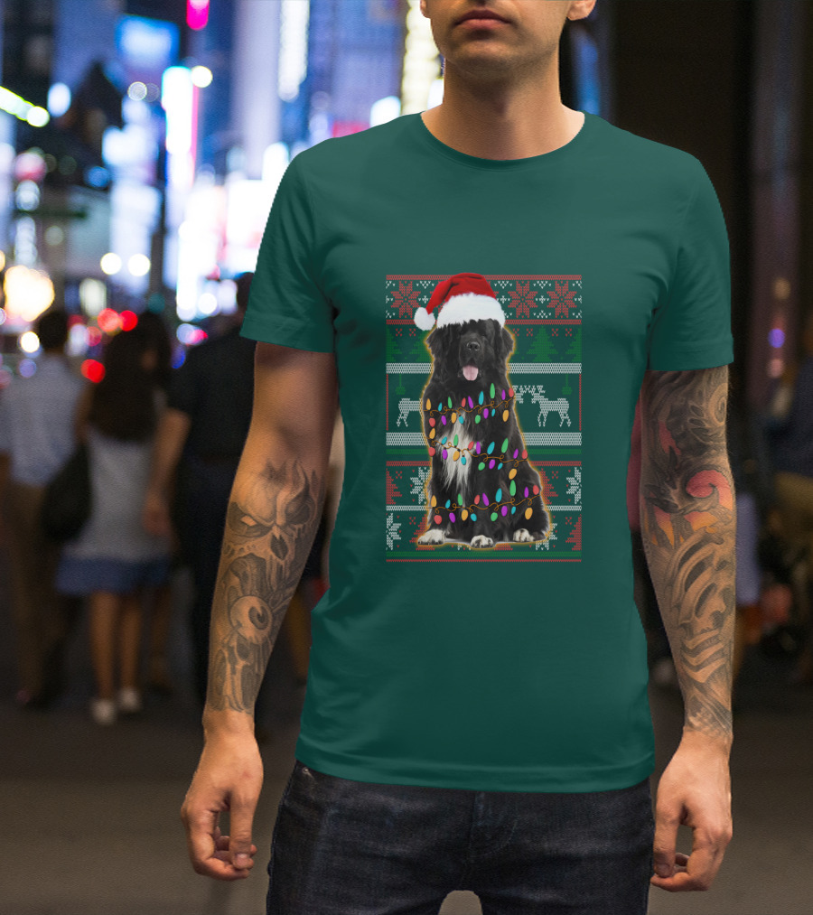 Newfoundland Dog Christmas Lights Santa Hat Ugly T-Shirt