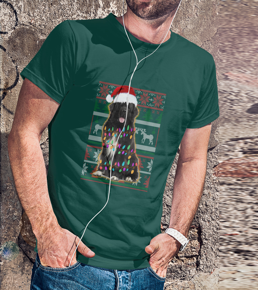 Newfoundland Dog Christmas Lights Santa Hat Ugly T-Shirt