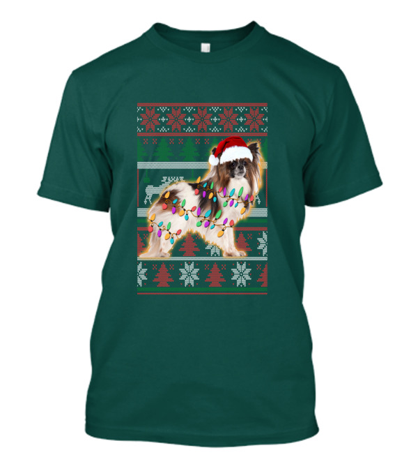 Papillon Dog In Christmas Sweater With Lights And Santa Hat T-Shirt