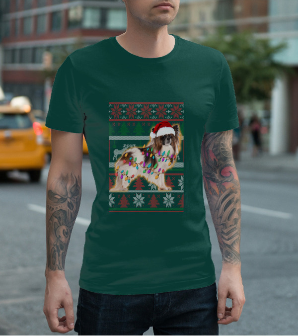 Papillon Dog In Christmas Sweater With Lights And Santa Hat T-Shirt