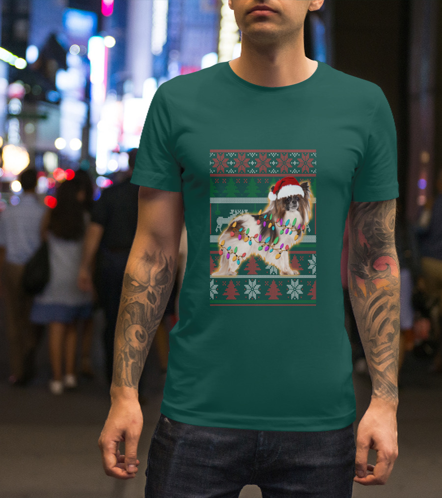 Papillon Dog In Christmas Sweater With Lights And Santa Hat T-Shirt
