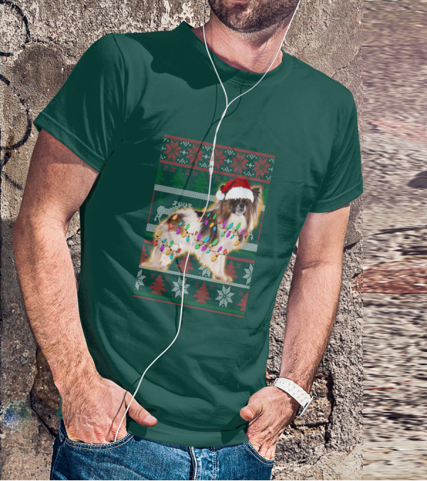 Papillon Dog In Christmas Sweater With Lights And Santa Hat T-Shirt