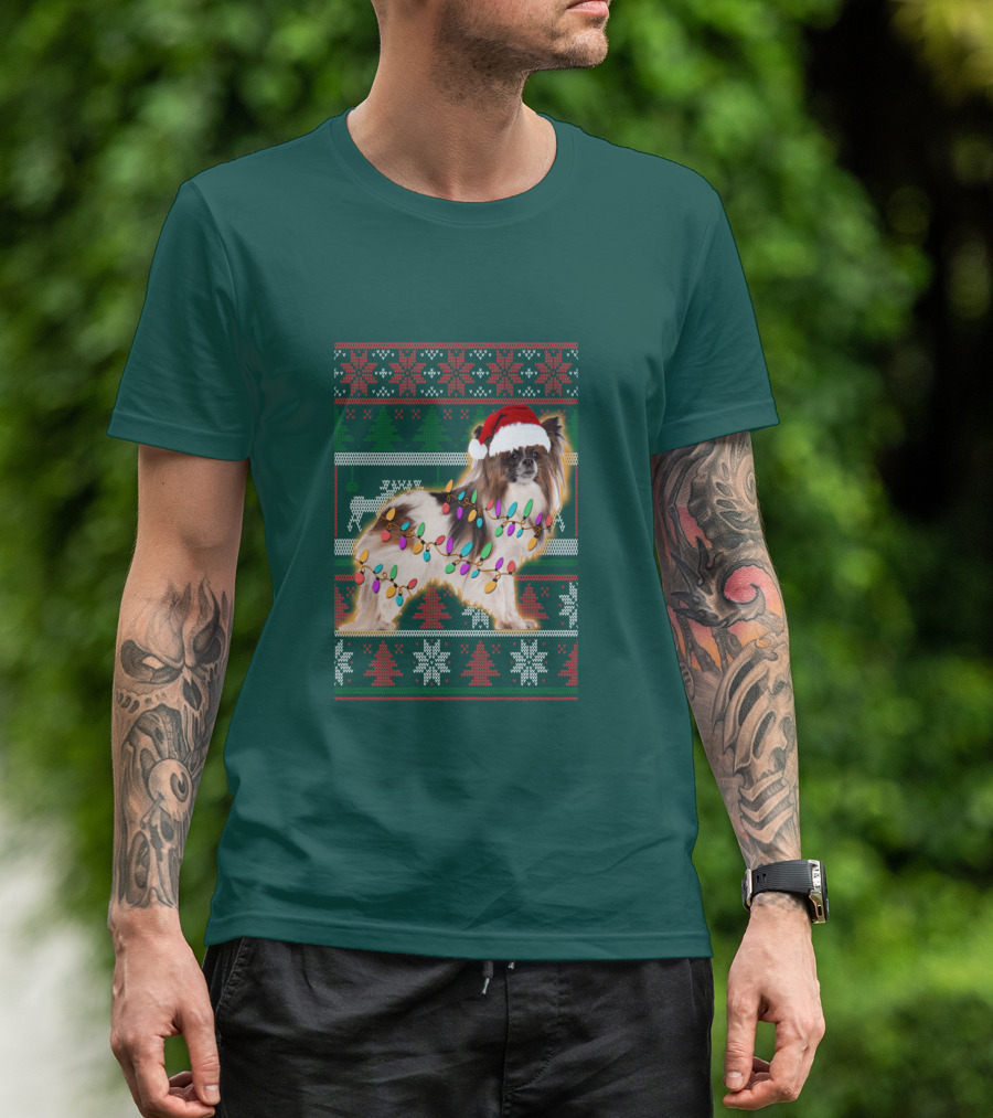 Papillon Dog In Christmas Sweater With Lights And Santa Hat T-Shirt