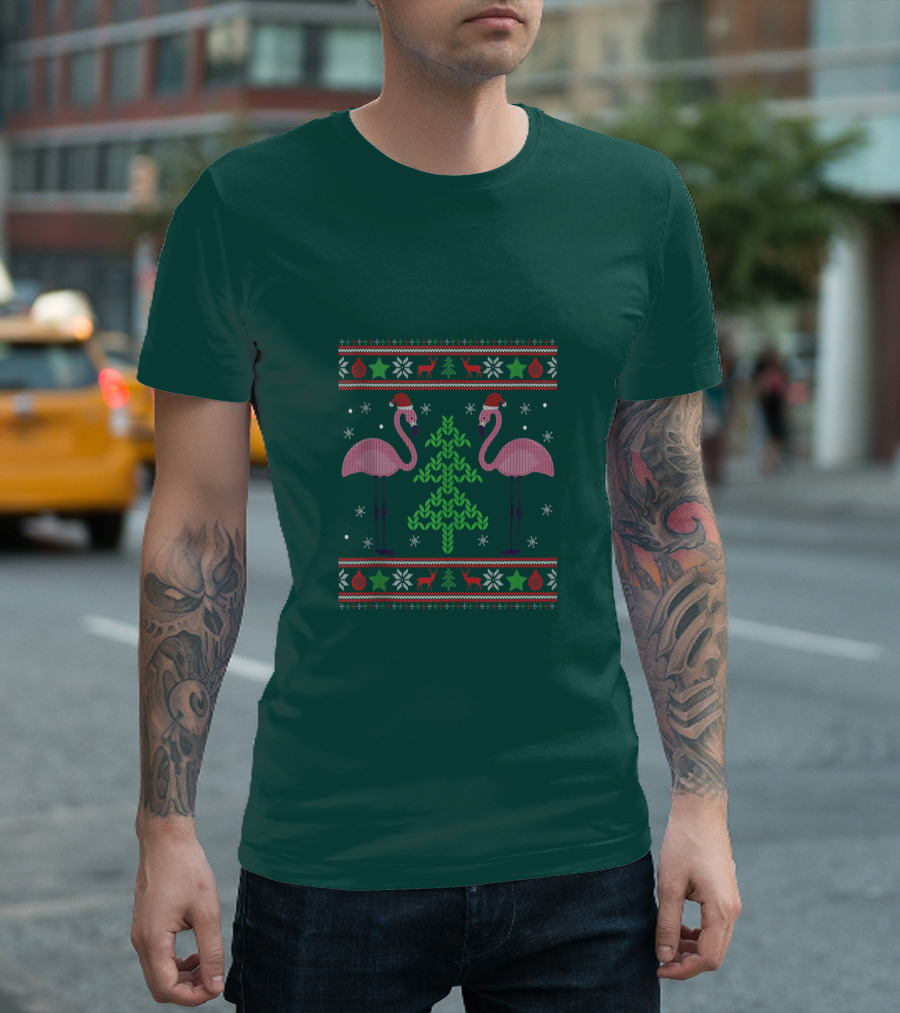 Pink Flamingos Santa Hat Christmas Tree Ugly T-Shirt