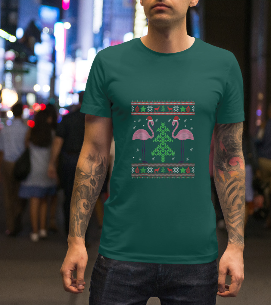 Pink Flamingos Santa Hat Christmas Tree Ugly T-Shirt