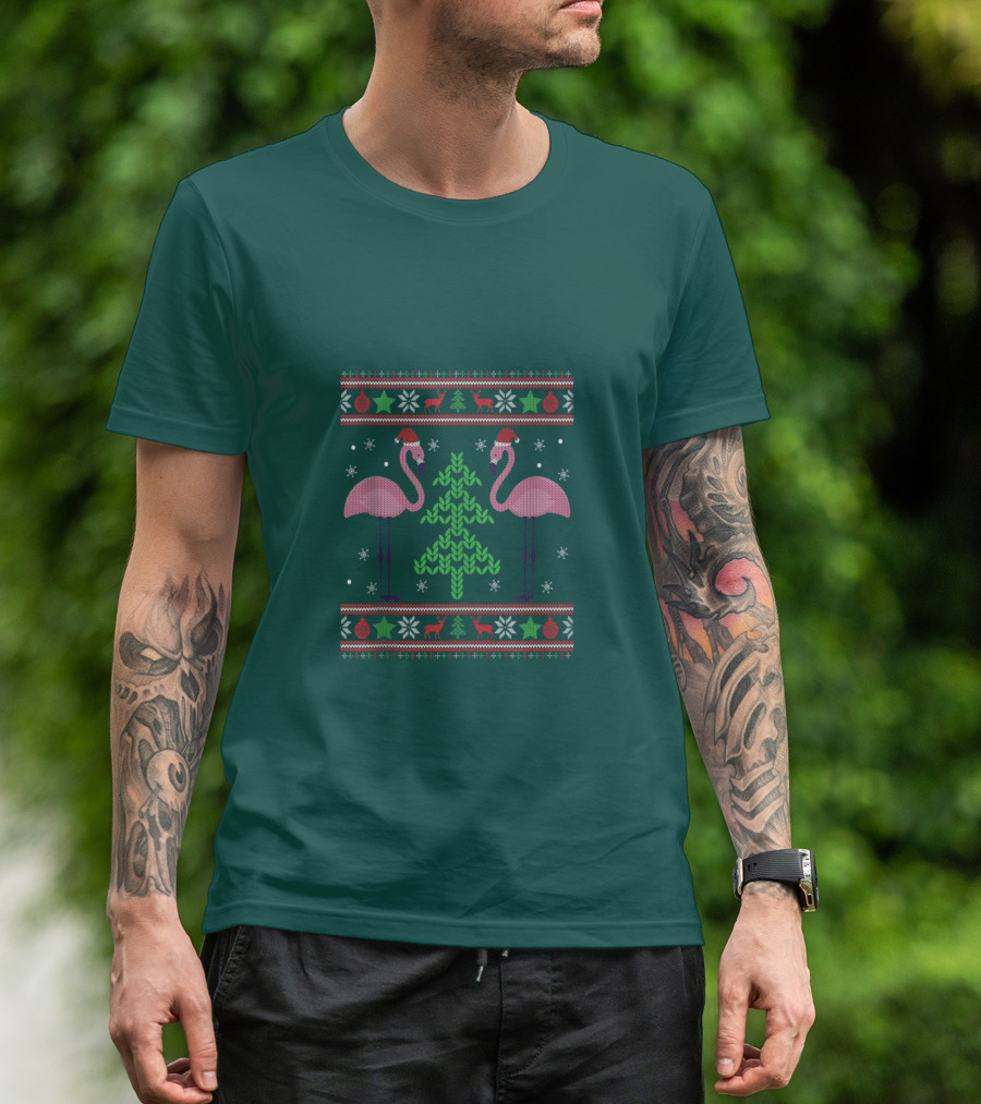 Pink Flamingos Santa Hat Christmas Tree Ugly T-Shirt