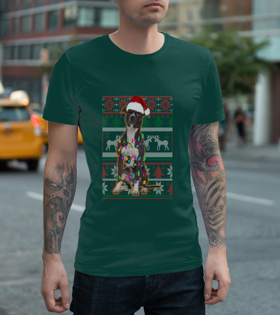 Pitbull Christmas Sweater With Santa Hat And Holiday Lights T-Shirt