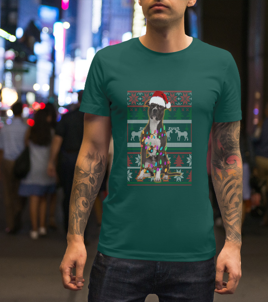 Pitbull Christmas Sweater With Santa Hat And Holiday Lights T-Shirt